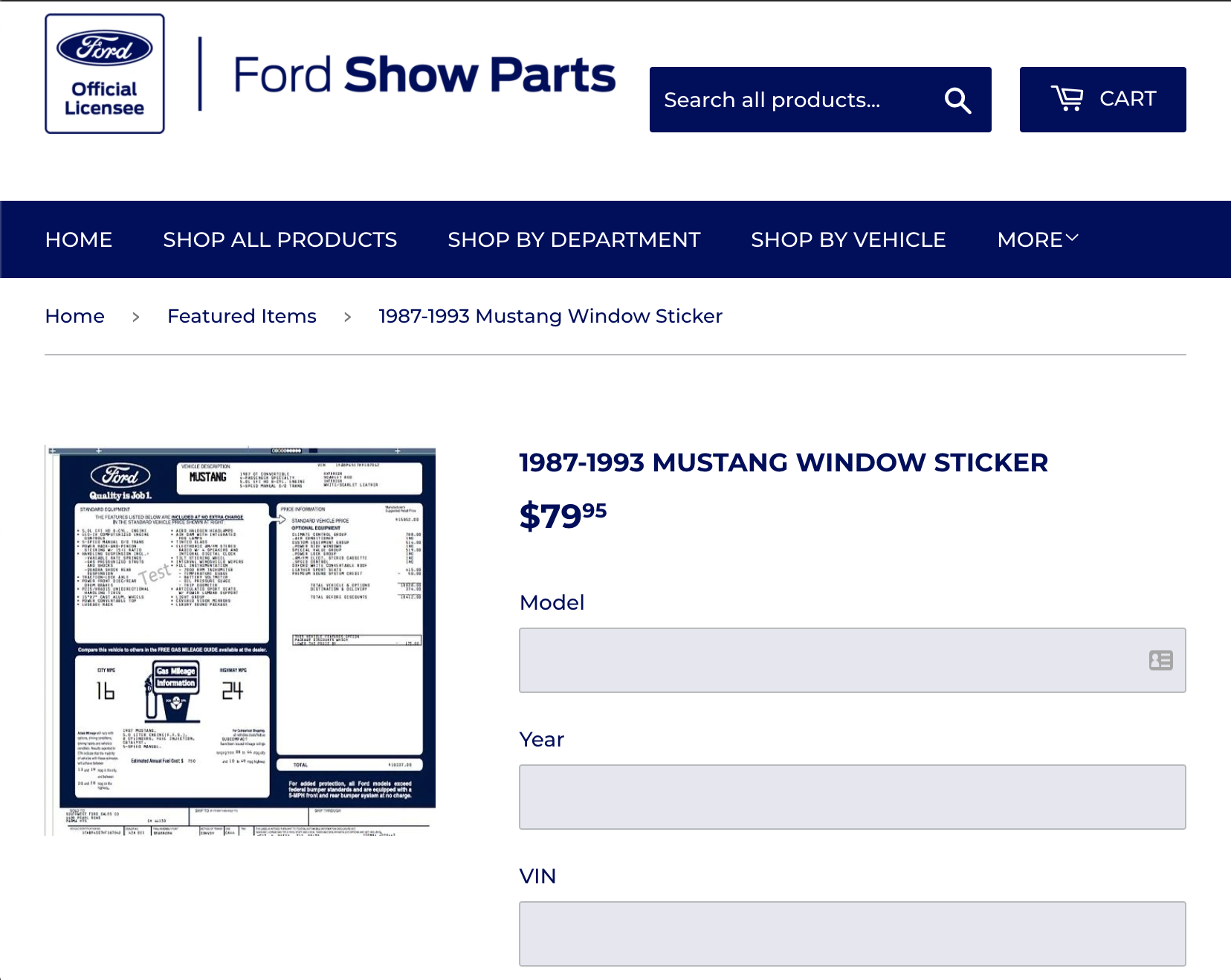 Ford Show Parts window sticker ordering page